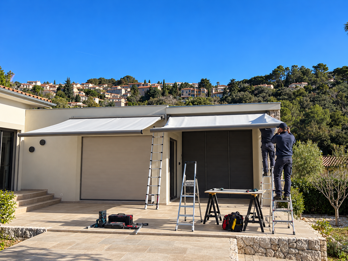 Pose professionnelle de stores en terrasse