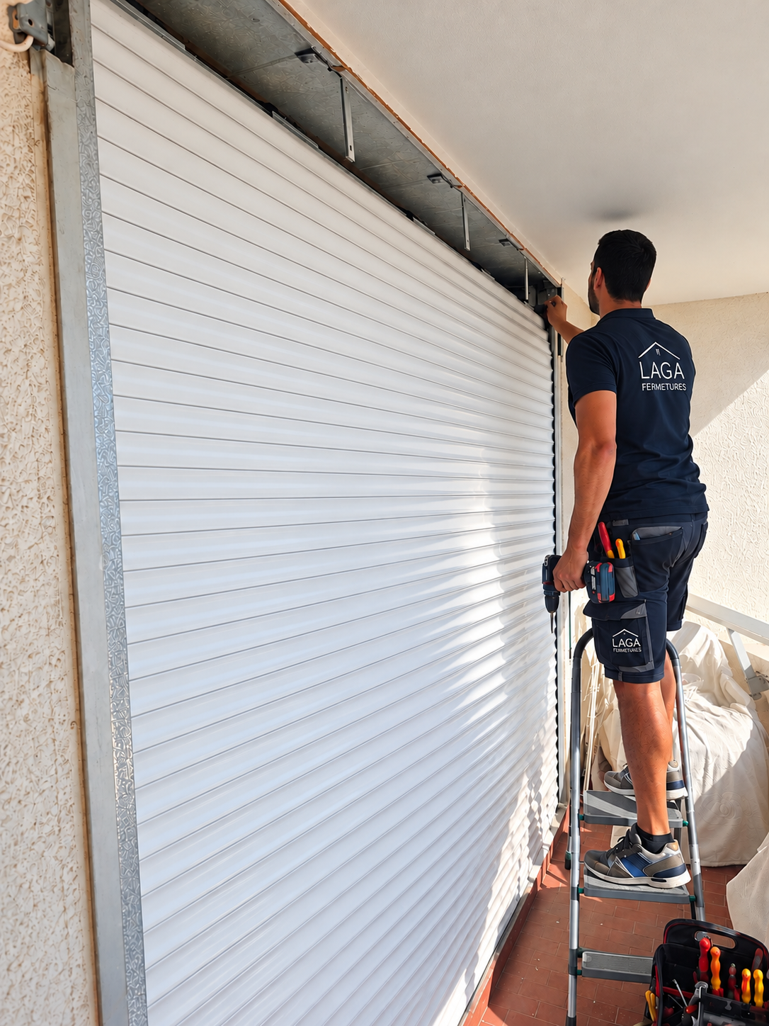 Technicien installant un volet roulant blanc