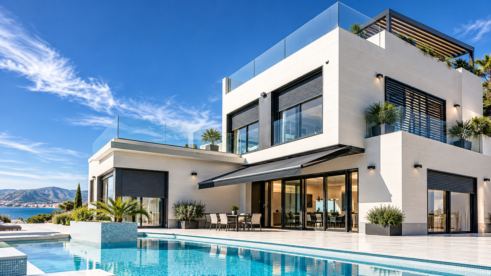 Villa contemporaine avec fermetures et protections solaires