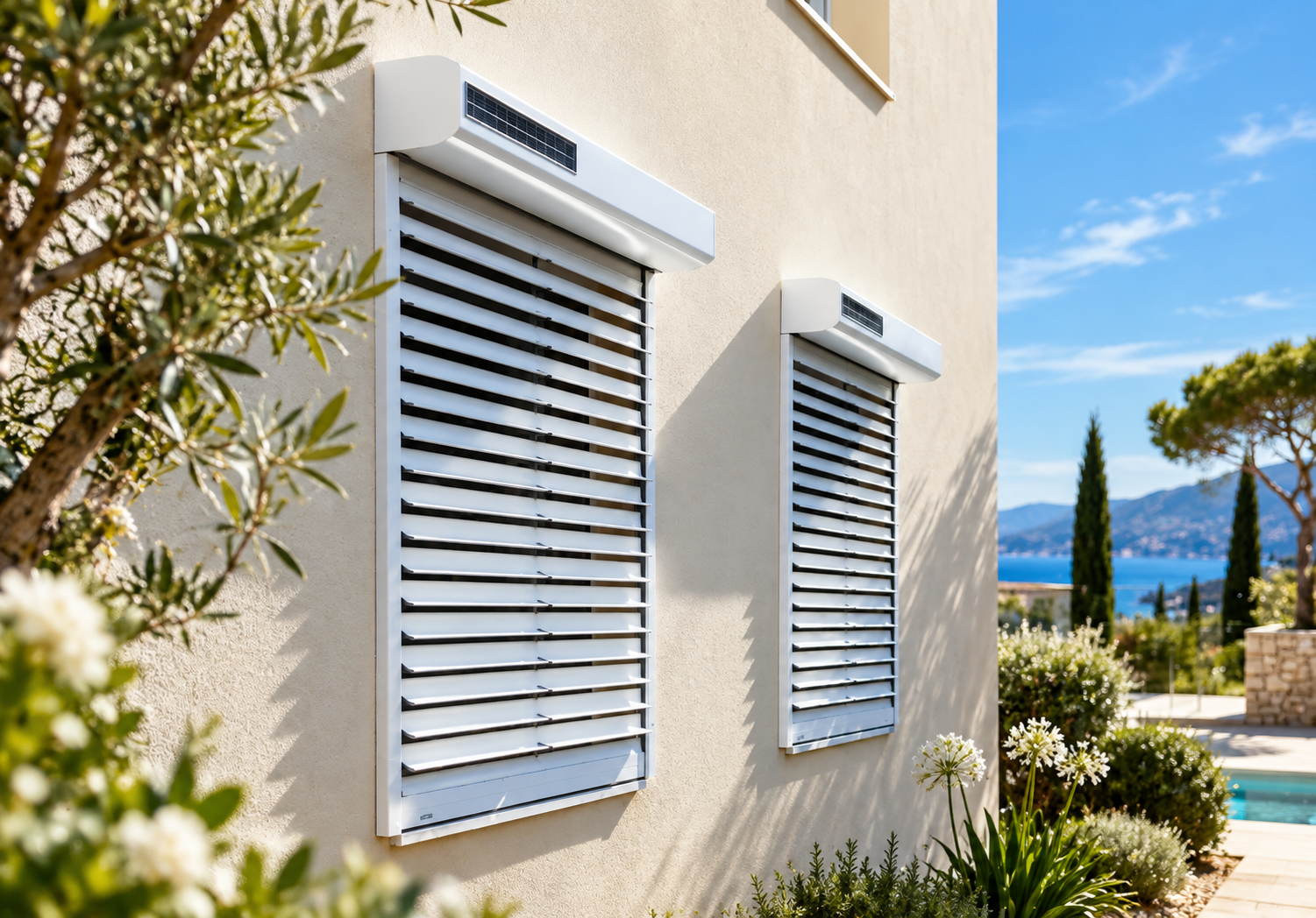 Volets blancs dans un jardin mediterraneen